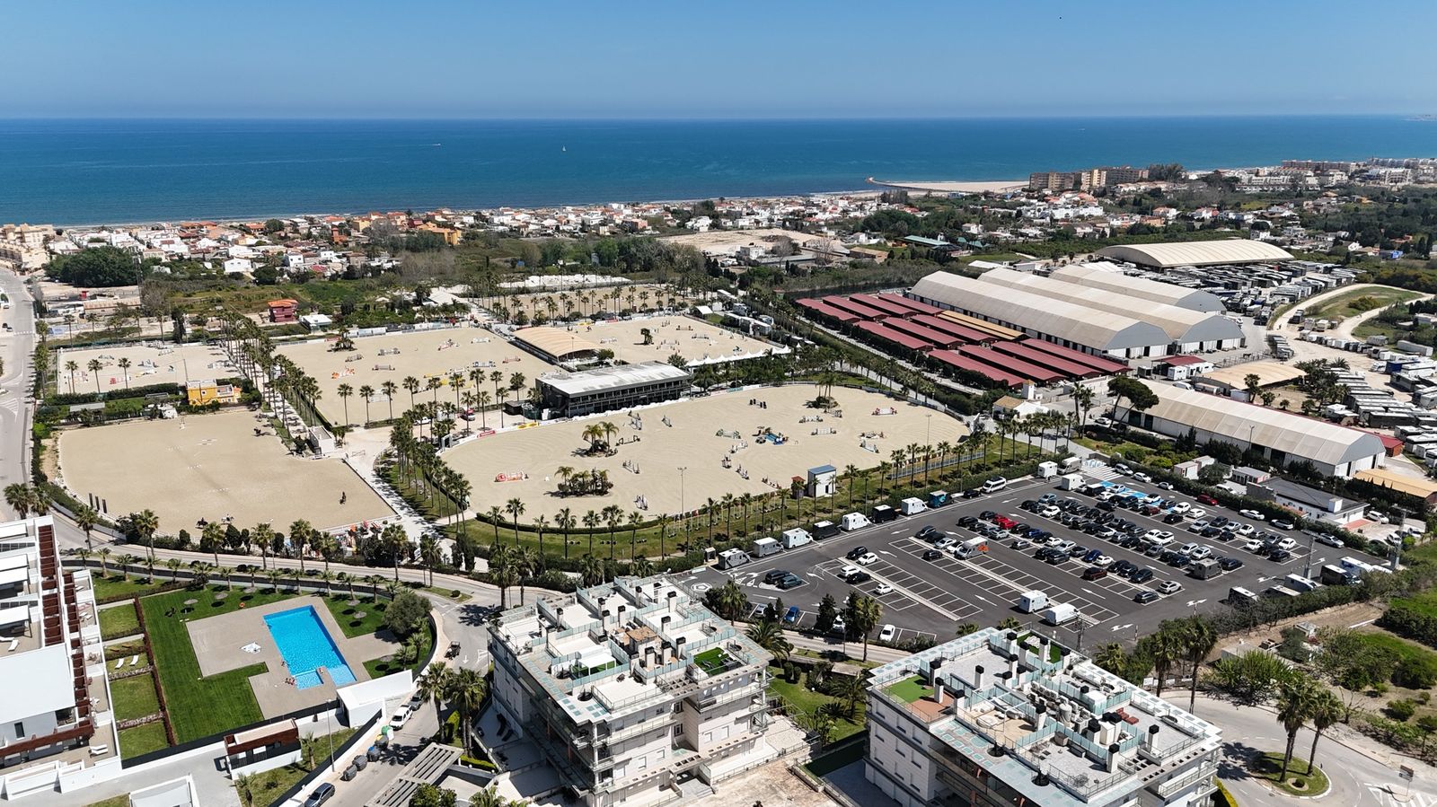 Toma con dron del centro ecuestre Oliva Nova con varias pistas de arena Risohorse® entre hileras de palmeras